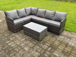Fimous High Back Rattan Corner Sofa Set Outdoor Furniture Rectangular Coffee Table 6 Seater in Dark Grey - thumbnail 2