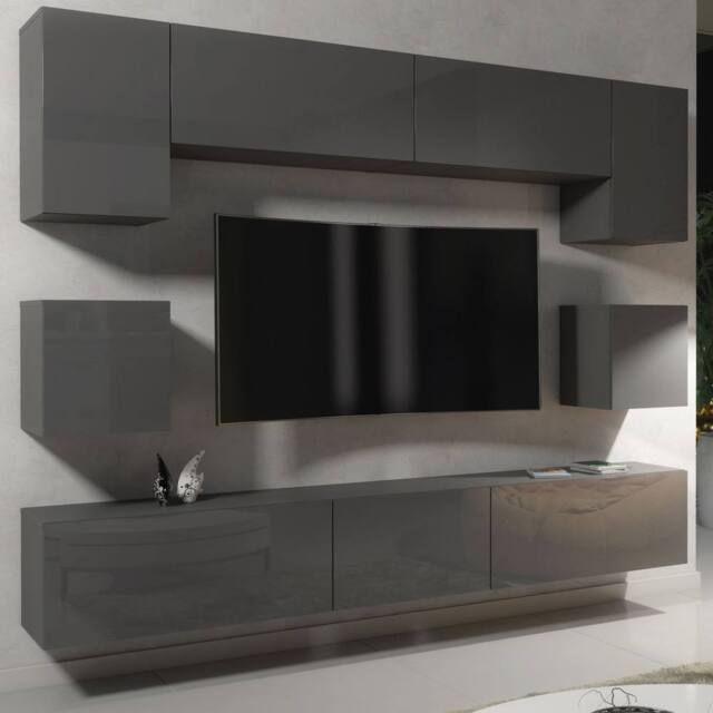 Mex Furniture LTD Wall TV Unit Panorama - Dark Grey with Gloss Doors - image 1