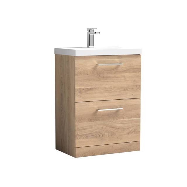 Balterley Contemporary Bathroom Floor Standing 2 Soft-Close Drawer Vanity Unit & Mid-Edge Ceramic Basin, Bleached Oak, 600 mm in Brown