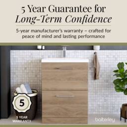Balterley Contemporary Bathroom Floor Standing 2 Soft-Close Drawer Vanity Unit & Mid-Edge Ceramic Basin, Bleached Oak, 600 mm in Brown - thumbnail 6