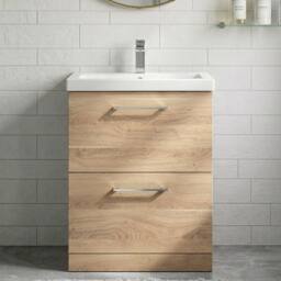 Balterley Contemporary Bathroom Floor Standing 2 Soft-Close Drawer Vanity Unit & Mid-Edge Ceramic Basin, Bleached Oak, 600 mm in Brown - thumbnail 9