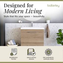 Balterley Contemporary Bathroom Floor Standing 2 Soft-Close Drawer Vanity Unit & Mid-Edge Ceramic Basin, Bleached Oak, 600 mm in Brown - thumbnail 2