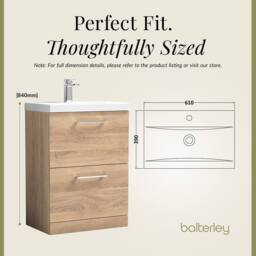 Balterley Contemporary Bathroom Floor Standing 2 Soft-Close Drawer Vanity Unit & Mid-Edge Ceramic Basin, Bleached Oak, 600 mm in Brown - thumbnail 5