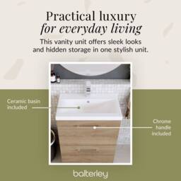 Balterley Contemporary Bathroom Floor Standing 2 Soft-Close Drawer Vanity Unit & Mid-Edge Ceramic Basin, Bleached Oak, 600 mm in Brown - thumbnail 7