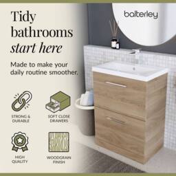 Balterley Contemporary Bathroom Floor Standing 2 Soft-Close Drawer Vanity Unit & Mid-Edge Ceramic Basin, Bleached Oak, 600 mm in Brown - thumbnail 3