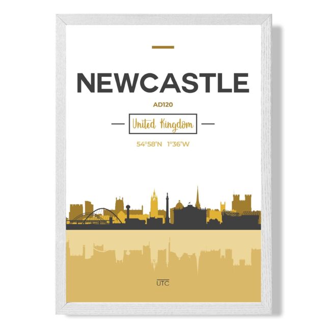 ARTZE Newcastle Yellow & Black City Skyline Framed Print SIZE: A4 with White Frame - image 1