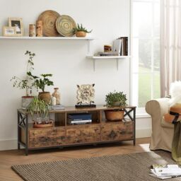 VASAGLE TV Stand Cabinet 3 Drawers 3 Open Shelves Steel Frame Large in Brown - thumbnail 2