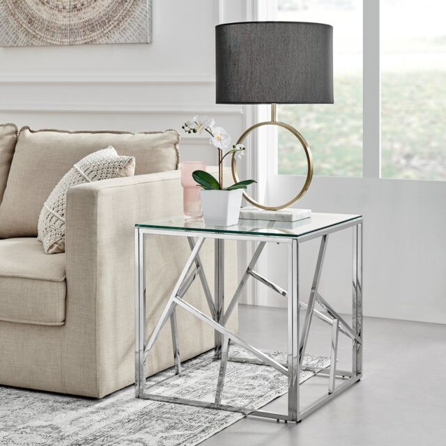 FurnitureboxUK Amalfi Chrome Metal Side Table - Square Clear Glass & Metal Table - Abstract Pattern - Sleek, Chic, Bright & Airy in Silver - image 1