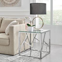 FurnitureboxUK Amalfi Chrome Metal Side Table - Square Clear Glass & Metal Table - Abstract Pattern - Sleek, Chic, Bright & Airy in Silver - thumbnail 1