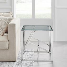 FurnitureboxUK Amalfi Chrome Metal Side Table - Square Clear Glass & Metal Table - Abstract Pattern - Sleek, Chic, Bright & Airy in Silver - thumbnail 2
