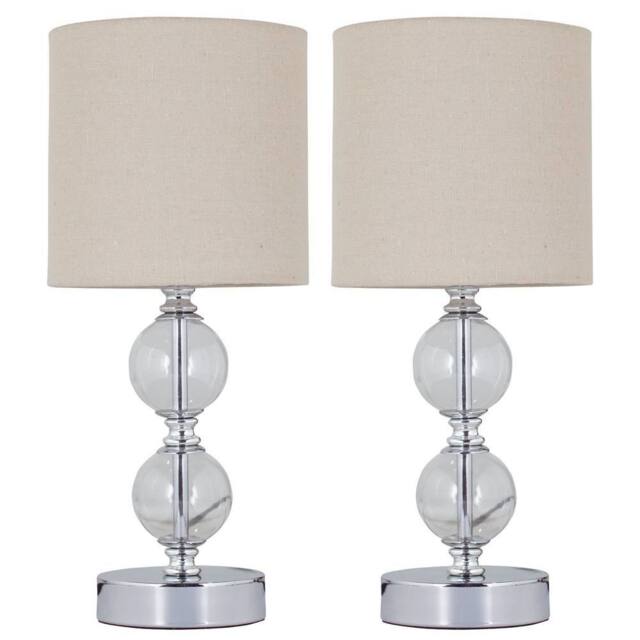First Choice Lighting Set of 2 Chrome Two Ball Table Lamps with Natural Linen Shades in Silver - image 1