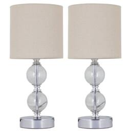 First Choice Lighting Set of 2 Chrome Two Ball Table Lamps with Natural Linen Shades in Silver