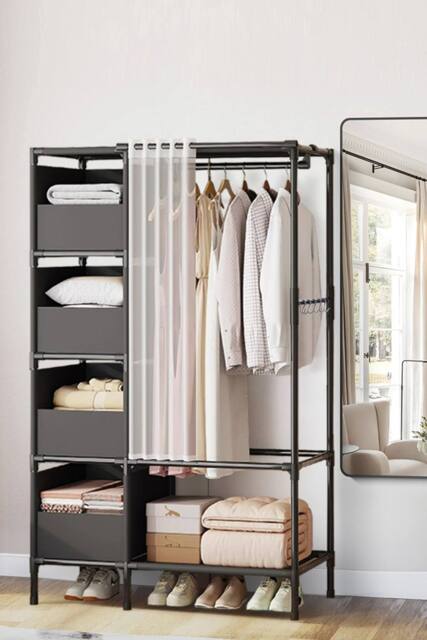 Living and Home Portable Metal Clothes Closet Bedroom Cabinet with 4 Storage Basket in Black - image 1