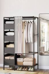 Living and Home Portable Metal Clothes Closet Bedroom Cabinet with 4 Storage Basket in Black - thumbnail 1