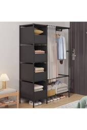 Living and Home Portable Metal Clothes Closet Bedroom Cabinet with 4 Storage Basket in Black - thumbnail 2