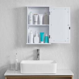 EONLION Bathroom Mirrored Wall Cabinet Wooden Storage Cupboard White - thumbnail 3