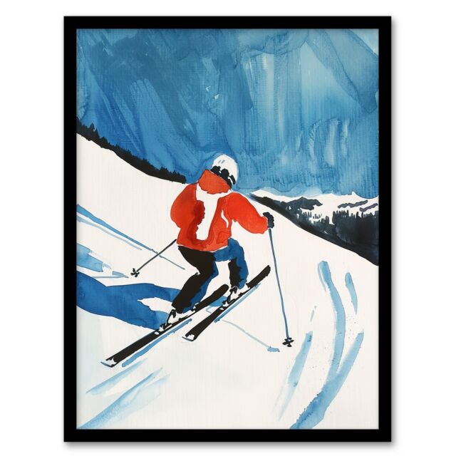 "Artery8 Austria Skier Skiing Winter Sport Ski Watercolour Framed Art Print in Blue - Size: W12"" x H16""" - image 1