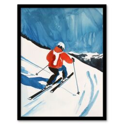 "Artery8 Austria Skier Skiing Winter Sport Ski Watercolour Framed Art Print in Blue - Size: W12"" x H16""" - thumbnail 1