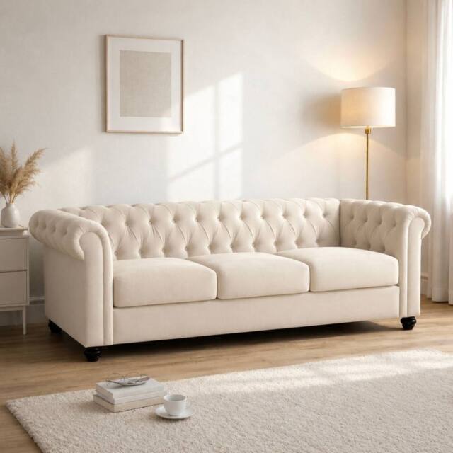 Sofaya Hampton 3 Seater Chesterfield Sofa Velvet Soft Cushion Couch in Cream - image 1