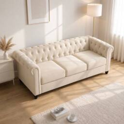 Sofaya Hampton 3 Seater Chesterfield Sofa Velvet Soft Cushion Couch in Cream - thumbnail 2