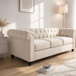 Sofaya Hampton 3 Seater Chesterfield Sofa Velvet Soft Cushion Couch in Cream - thumbnail 3