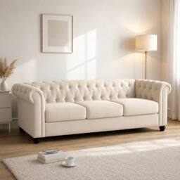Sofaya Hampton 3 Seater Chesterfield Sofa Velvet Soft Cushion Couch in Cream