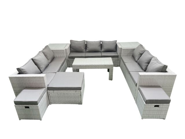 Fimous Rattan Garden Outdoor Furniture Set 12 Seater Garden Sofa Oblong Coffee Table Set with 3 Footstools 2 Side Tables Light Grey Mixed - image 1