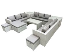 Fimous Rattan Garden Outdoor Furniture Set 12 Seater Garden Sofa Oblong Coffee Table Set with 3 Footstools 2 Side Tables Light Grey Mixed - thumbnail 2