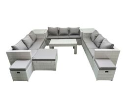 Fimous Rattan Garden Outdoor Furniture Set 12 Seater Garden Sofa Oblong Coffee Table Set with 3 Footstools 2 Side Tables Light Grey Mixed - thumbnail 1