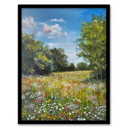 Artery8 Summer Wildflower Meadow Landscape Summer Oil Framed Art Print in Green - Size: A4 - thumbnail 1