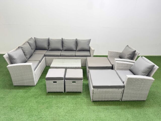 Fimous 12 Seater Garden Outdoor PE Rattan Furniture Set with 4 Footstools 2 Chair Light Grey Mixed - image 1
