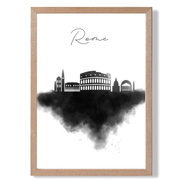 ARTZE Rome Watercolour Skyline City Framed Print SIZE: A3 with Oak Frame in Black - Size: A4 - image 1