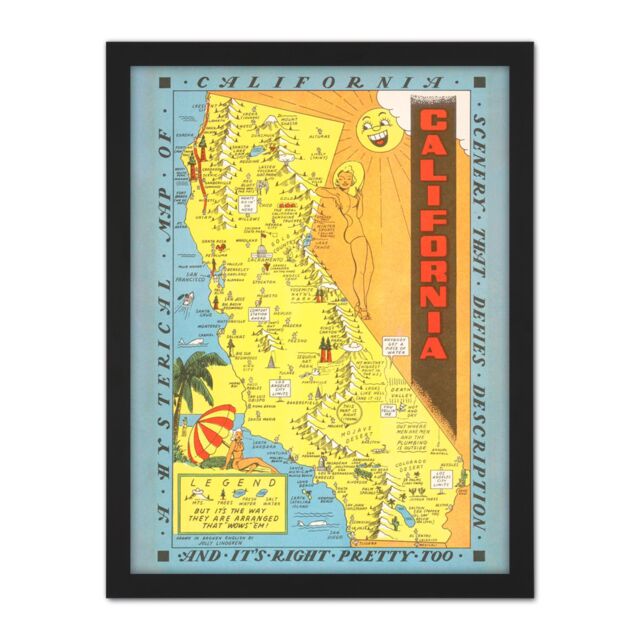 "Artery8 Wall Art Print Map Lindgren 1948 California Pictorial Large Framed Wall Décor Art in Brown - Size: W18"" x H24""" - image 1
