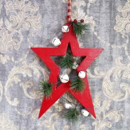 Shatchi Wooden Hanging Decoration Star Shape Red 25X1.2X36 CM - thumbnail 5