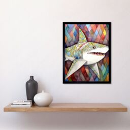 "Artery8 Wall Art Print Great White Shark Folk Art Watercolour Painting Art Framed in Black - Size: W12"" x H16""" - thumbnail 2