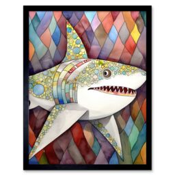 "Artery8 Wall Art Print Great White Shark Folk Art Watercolour Painting Art Framed in Black - Size: W12"" x H16""" - thumbnail 1