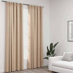 Berkfield Home Linen-Look Blackout Curtains with Hooks 2 pcs Beige 140x245 cm - thumbnail 2