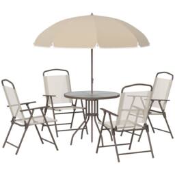 OUTSUNNY 6 Piece Patio Dining Set with Garden Umbrella 4 Folding Chairs in Beige - thumbnail 2
