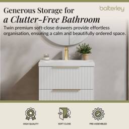 Balterley Fluted Front Wall Hung 2 Drawer Vanity Basin Unit, Satin White, 600mm in White - thumbnail 3