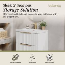 Balterley Fluted Front Wall Hung 2 Drawer Vanity Basin Unit, Satin White, 600mm in White - thumbnail 2