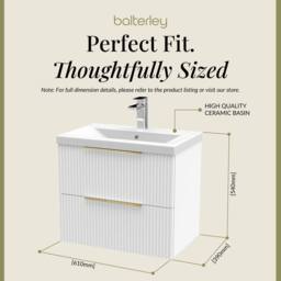 Balterley Fluted Front Wall Hung 2 Drawer Vanity Basin Unit, Satin White, 600mm in White - thumbnail 5