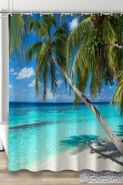 Neel Blue Beach Themed Shower Curtain with Hooks, Water Resistant Bathroom Curtains - Size: 180 cm width x 200 cm drop - image 1