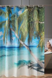 Neel Blue Beach Themed Shower Curtain with Hooks, Water Resistant Bathroom Curtains - Size: 180 cm width x 200 cm drop - thumbnail 6