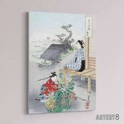 "Artery8 Caring For The Chrysanthemums Canvas Wall Art Print Ogata Gekko in Green - Size: W18"" x H24""" - thumbnail 2