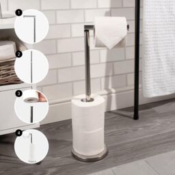 OHS 2-in-1 Freestanding Toilet Roll Holder Bathroom Paper Organiser in Silver - thumbnail 2
