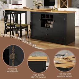 Rolipo Extendable Kitchen Island & Rotating Bar Table with Storage in Black - thumbnail 2