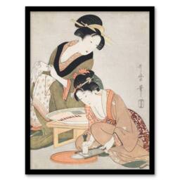 Artery8 Utamaro Kitagawa Framed Wall Art Print Women Preparing Sashimi in Khaki - Size: A4 - thumbnail 1