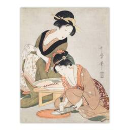 Artery8 Utamaro Kitagawa Framed Wall Art Print Women Preparing Sashimi in Khaki - Size: A4 - thumbnail 3