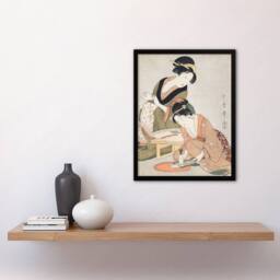 Artery8 Utamaro Kitagawa Framed Wall Art Print Women Preparing Sashimi in Khaki - Size: A4 - thumbnail 2