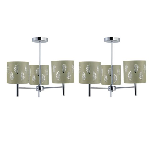 First Choice Lighting Set of 2 Brea - Chrome 3 Light Fittings with Sage Green Fern Shades in Silver - image 1